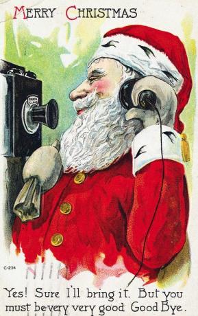 Vykort av jultomten med telefon