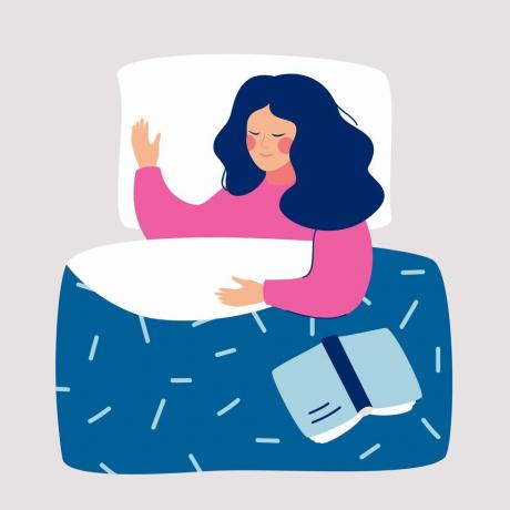 kvinna som sover på natten i sin säng med öppen bok vektorillustration