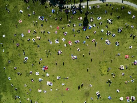 Luftfoto över människor i en stadspark på en sommardag som sitter, står, på picknickmattor.