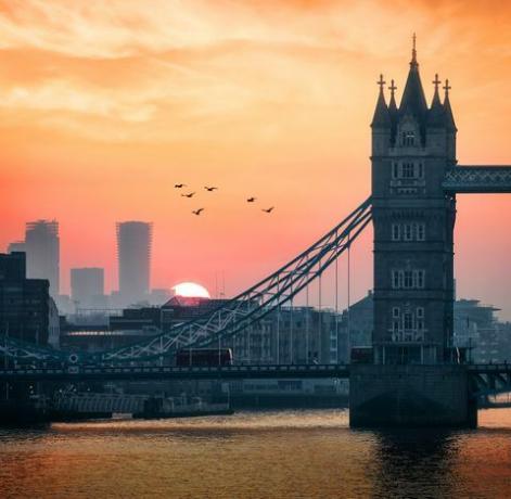 närbild av tornbron och stadsbilden i london, Storbritannien, under tidig soluppgång