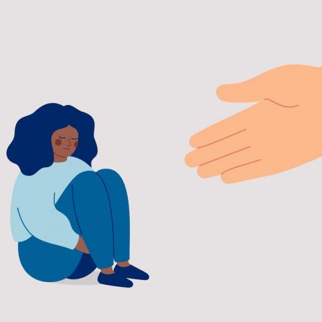 mänsklig hand hjälper en ledsen svart kvinna att bli av med ångest rådgivaren stöder den afroamerikanska flickan med psykologiska problem