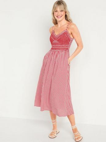 Gingham Broderad Smock Midi Cami Klänning 