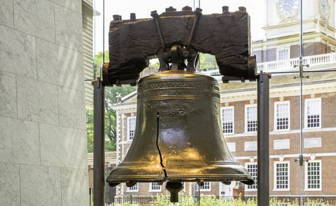 Liberty Bell med självständighetshall i bakgrund