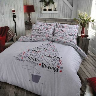 Julslogan Grå Glad Jul Sleigh Bells Merry & Bright Duvet Set Single 452040