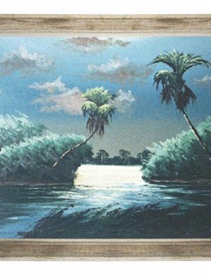 En palmträd- och havsmålning av ett hår av motorvägarna