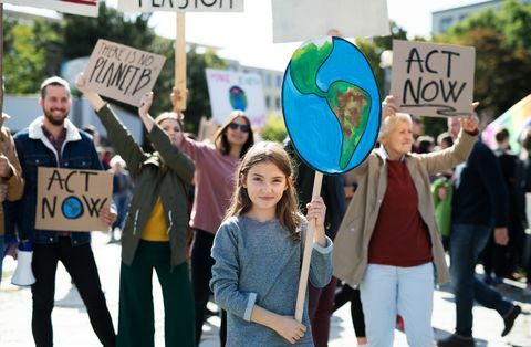 Människor med plakat och affischer på global strejk för klimatförändringar.