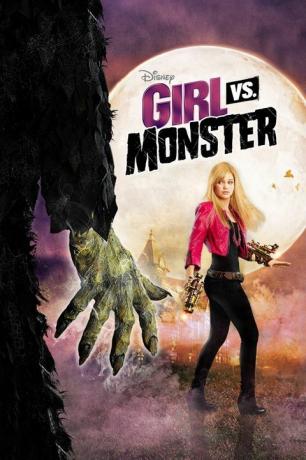 en filmaffisch för disney filmflickan vs monster som visar en tonårsflicka med en spökspistol och bilden av grön monsterhand med spetsiga klor