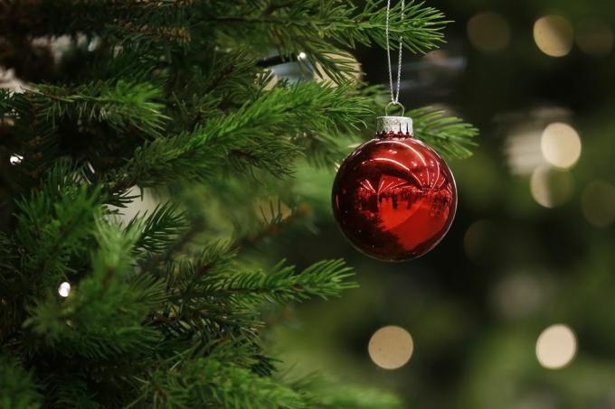 En julkula hänger från ett träd