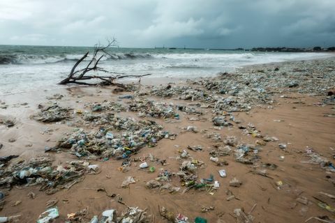 Bali Indonesien - 19 december 2017: Skräp på stranden, miljöföroreningar i Bali Indonesien.