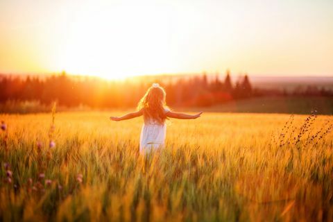 liten flicka i vit klänning i fältet vid solnedgången