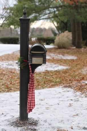 brevlåda med en röd och vit rutig halsduk runt och en kvist julgrönska med en kotte finns snö på marken i bakgrunden