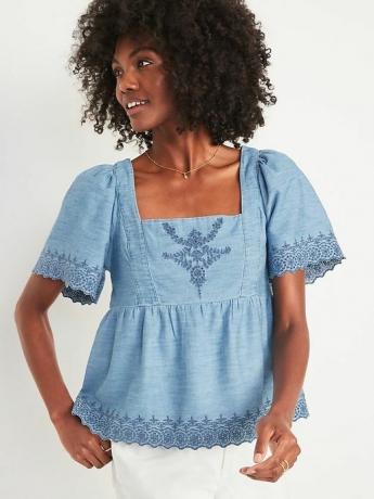 Chambray Broderad Topp med Flutter-Sleeve